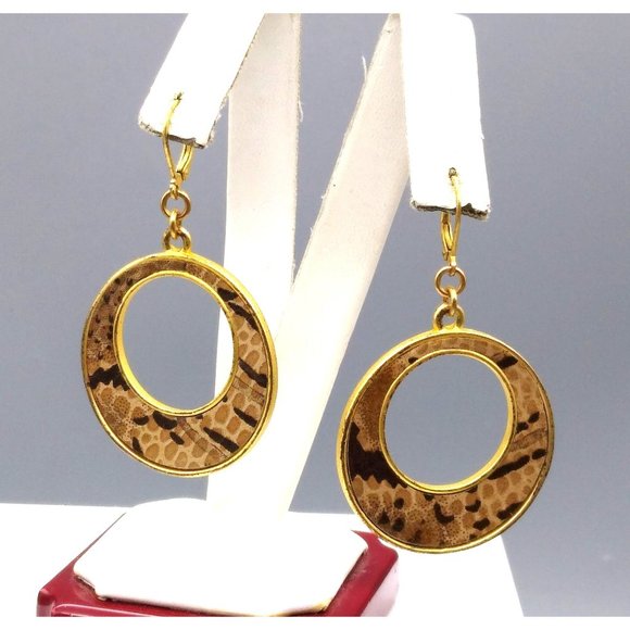 Vintage Snake Skin Hoop Earrings, Gold Tone Dangles - Picture 1 of 4